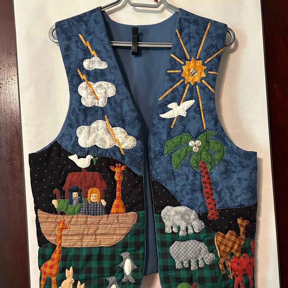 Vintage Hand Quilted Noah Ark Animal Printed Open Front Vest L